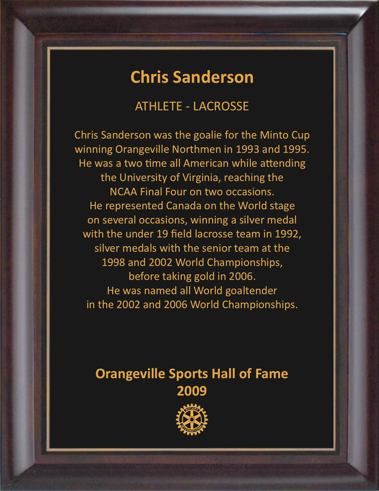 Chris Sanderson 2009 Hall of Fame Plaque