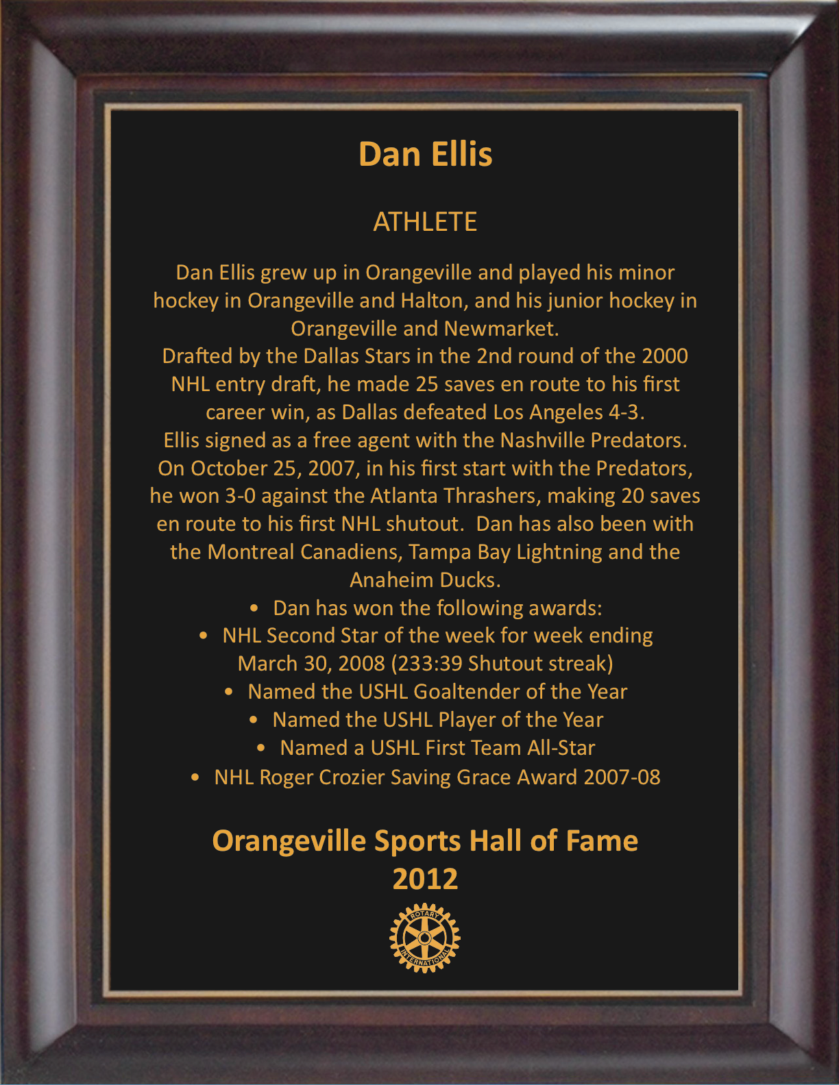 Dan Ellis 2012 Hall of Fame Plaque