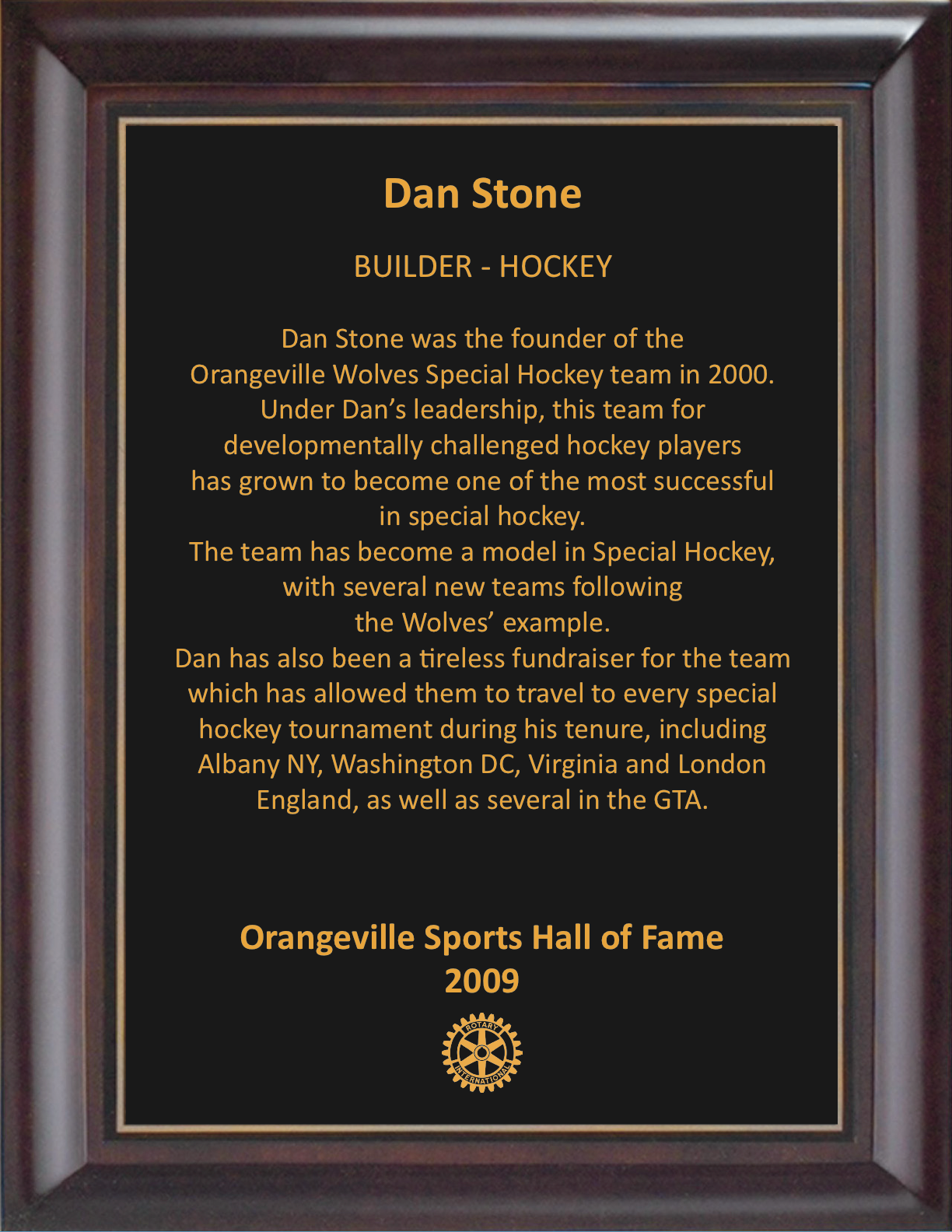 Dan Stone 2009 Hall of Fame Plaque