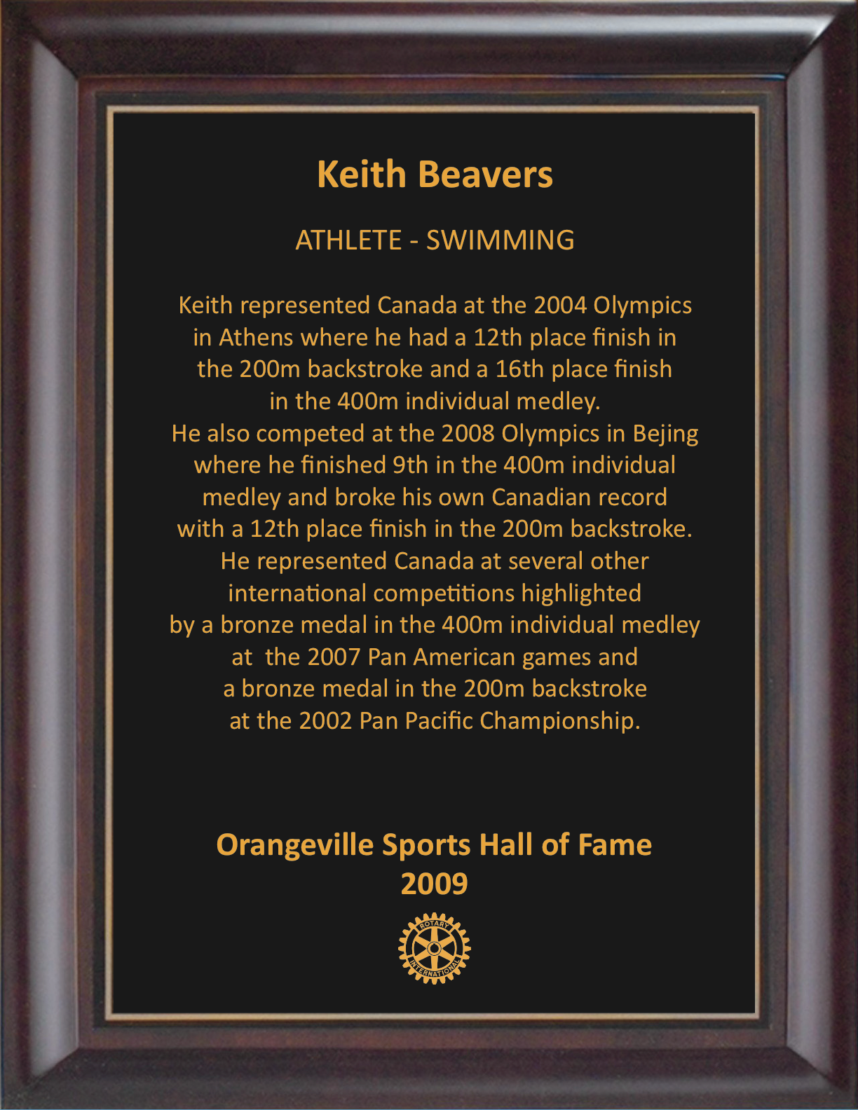 Keith Beavers 2009 Hall of Fame Plaque
