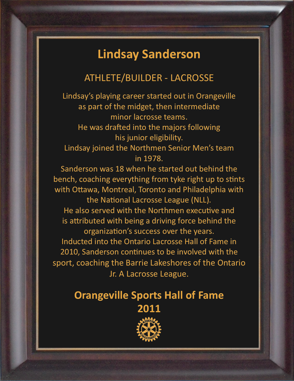 Lyndsay Sanderson 2011 Hall of Fame Plaque