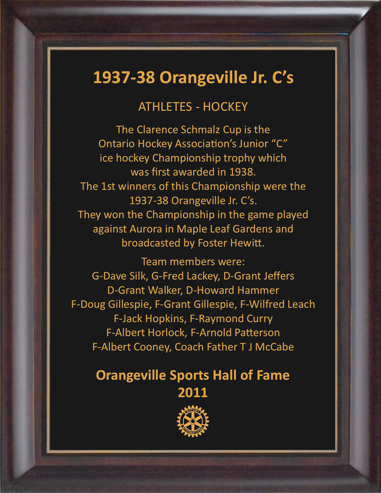 Orangeville Jr Cs 2011 Hall of Fame Plaque