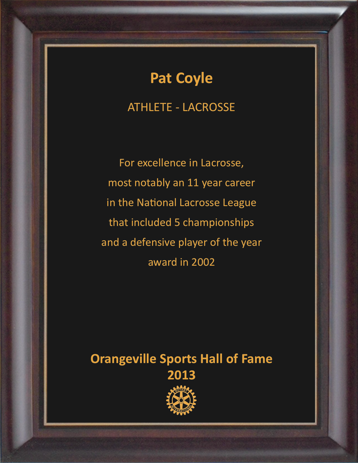 Pat Coyle 2013 Hall of Fame Plaque