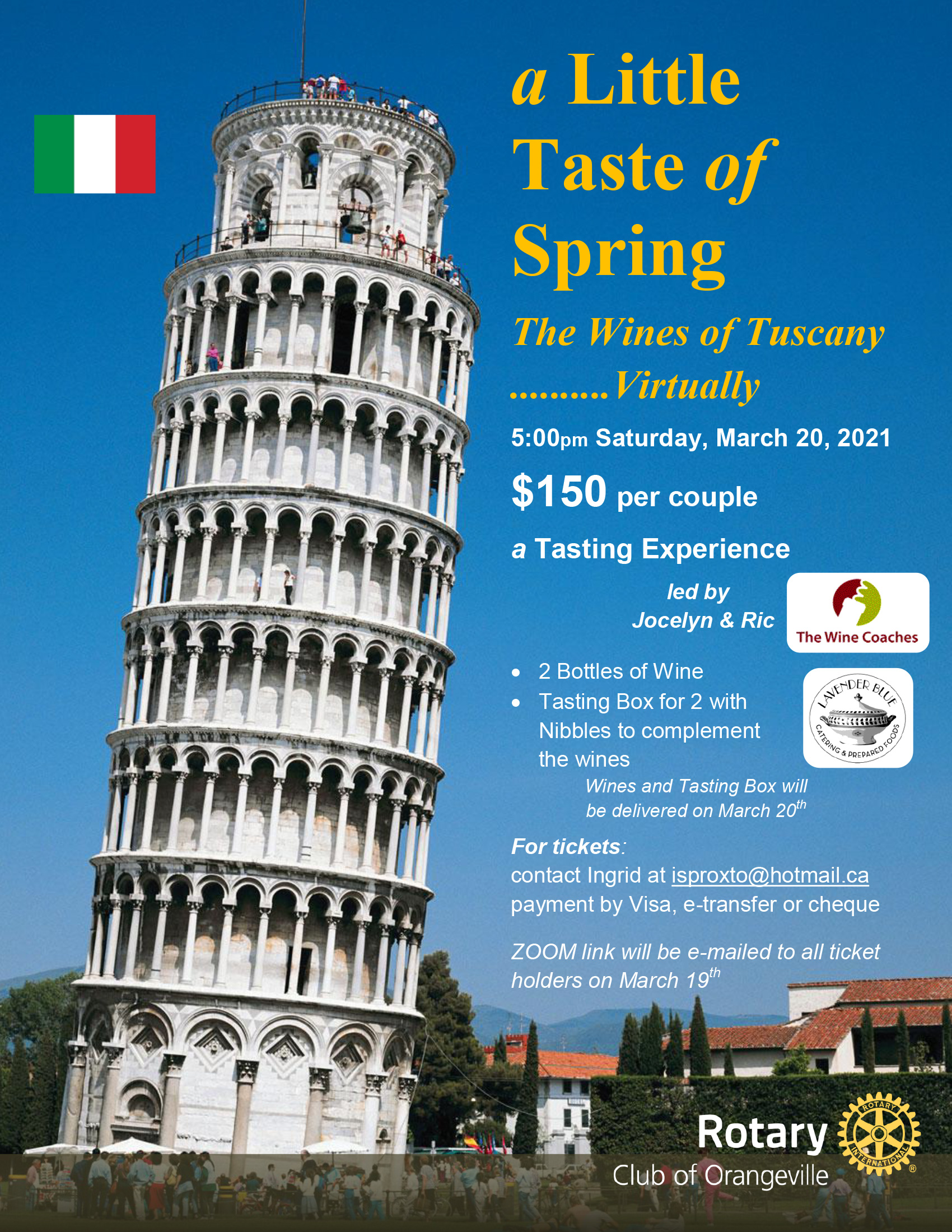 Poster, Tower of Piazza, promoting the Little Taste of Spring Wine Tasting Experience.
