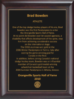 Brad Bowden 2010 Hall of Fame Plaque