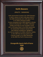 Keith Beavers 2009 Hall of Fame Plaque